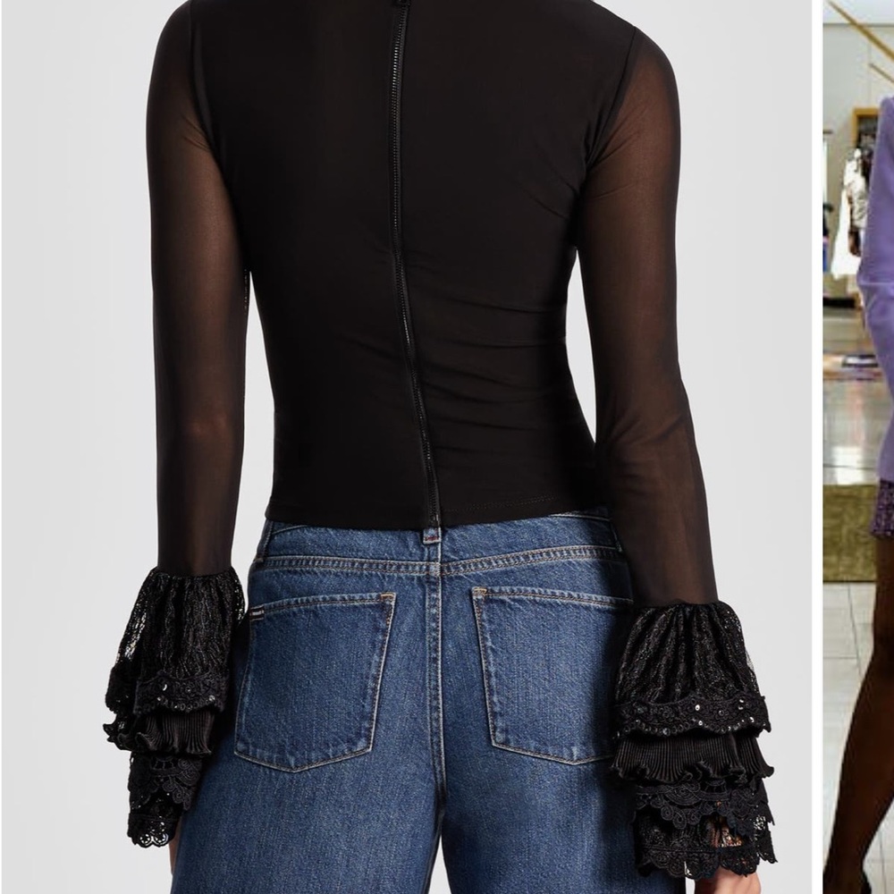 Alice + Olivia Sheer Black Blouse with Lace Bell Sleeves Size Large NEW - Picture 7 of 7